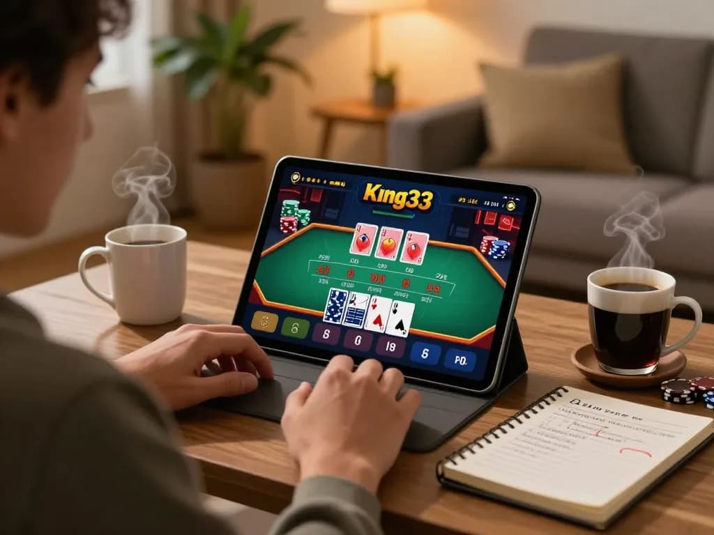 Engaging player enjoying king33 casino app on tablet in a cozy home setting