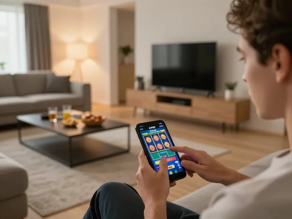 Using the KP88 app to play online slots in a cozy home setting with warm lighting and casual decor