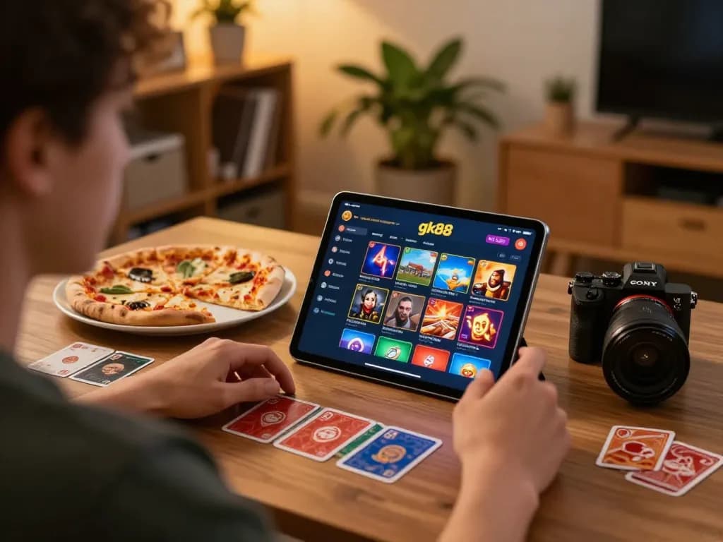 Gambling strategies with gk88 app being explored on a tablet at a cozy home setup