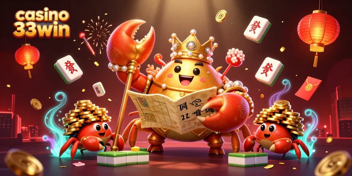 Experience the excitement of casino 33win with this vibrant 3D illustration showing a golden crab emperor amidst lively gambling elements.