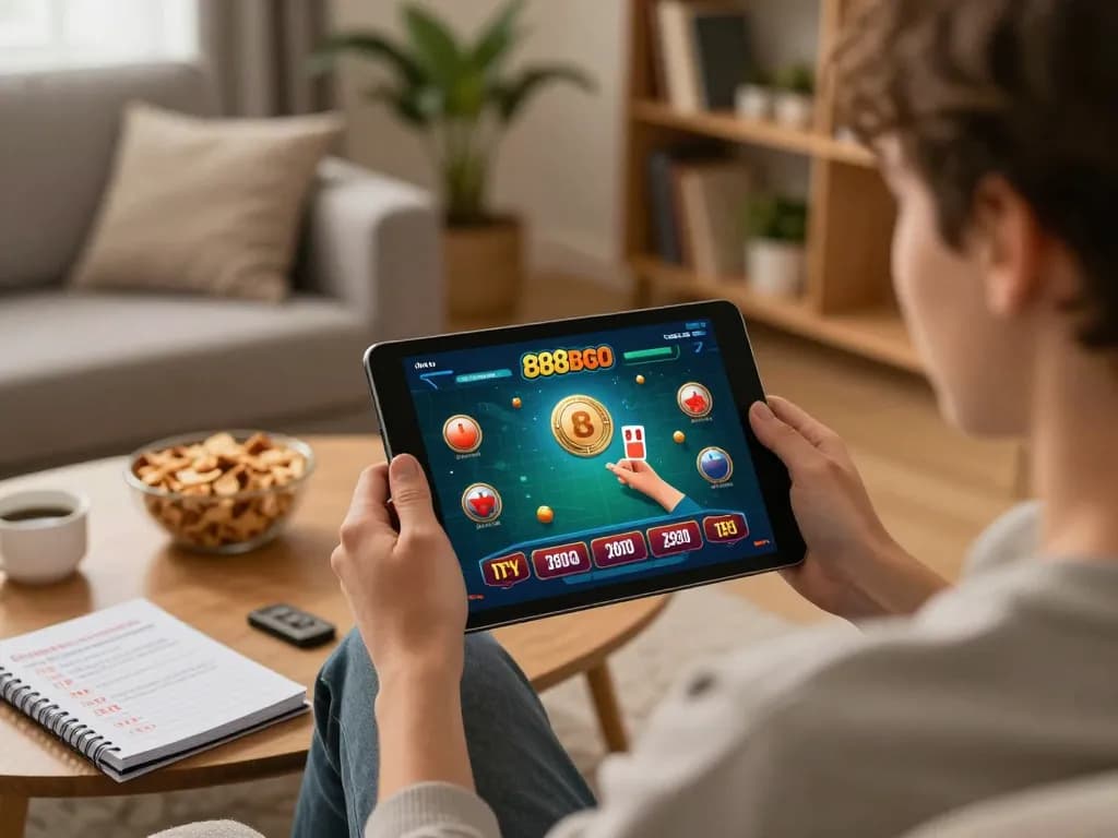 Person enjoying an engaging online game with 888bgo app on tablet, creating a cozy gambling atmosphere.