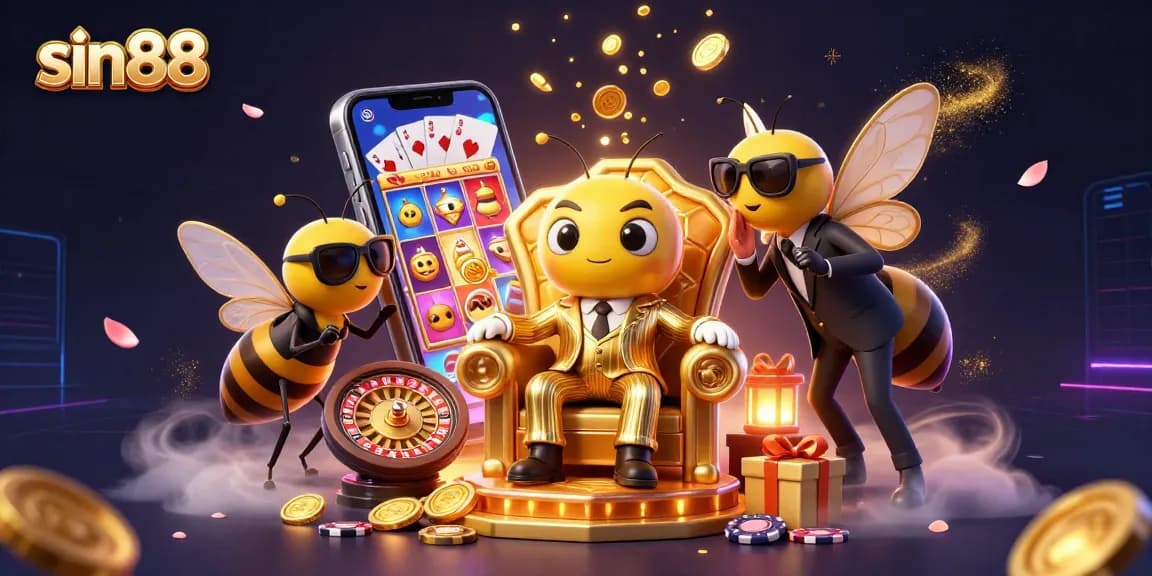 sin88 reveals winning secrets in a vibrant casino scene with a bumblebee mob boss and wasp bodyguards.
