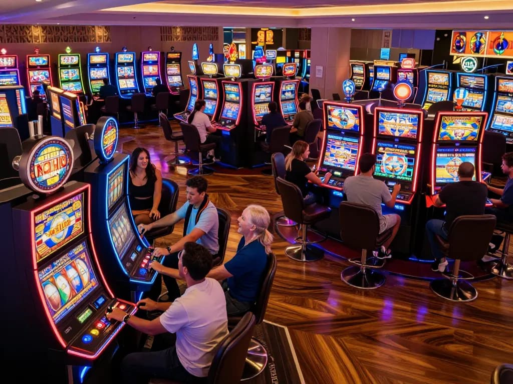 Players enjoying vibrant slot machines at NOHU90 casino, showcasing exciting gameplay and engaging atmosphere.