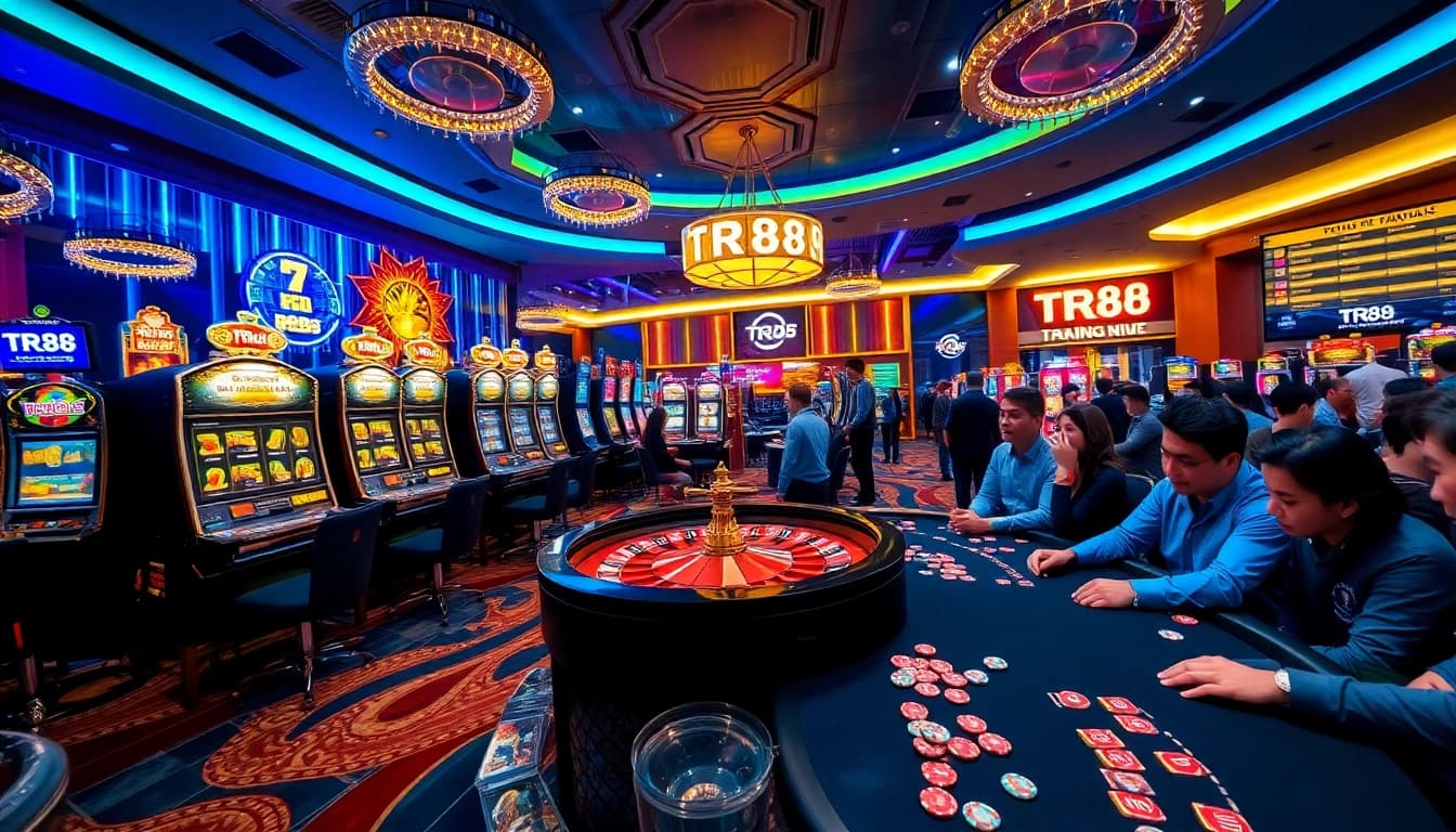 Experience the thrill at TR88 casino with vibrant slot machines and excited players.