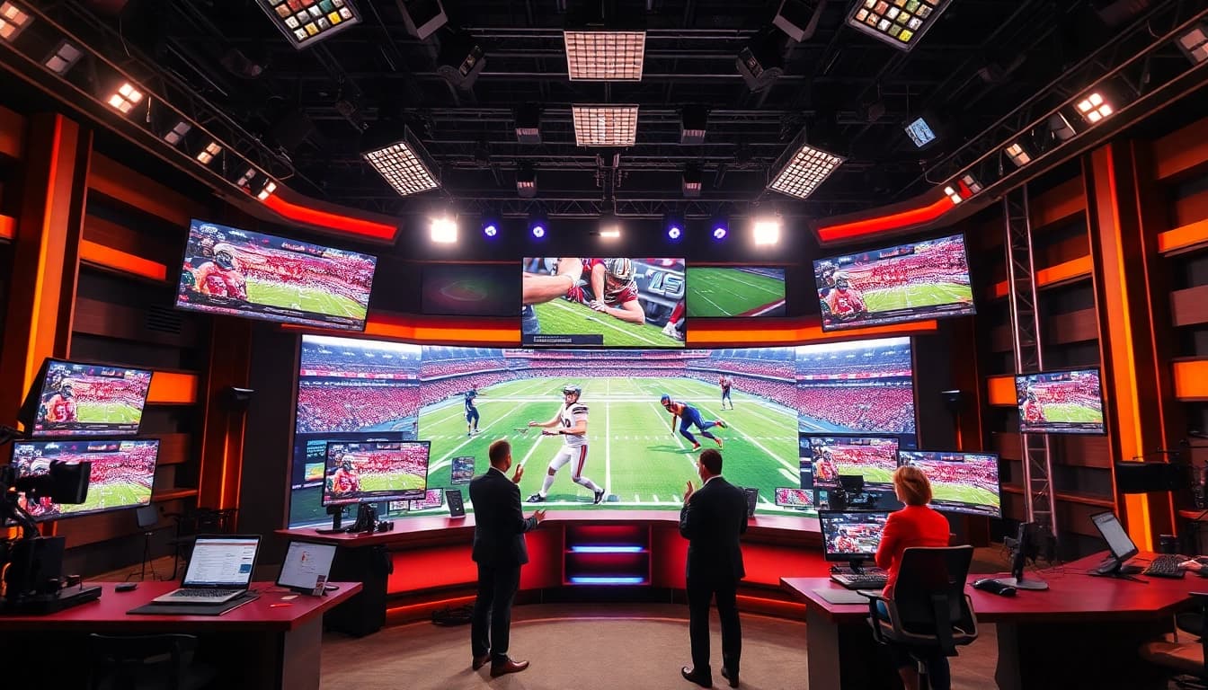 Engaging sports broadcasting scene featuring dynamic presenters delivering live coverage.