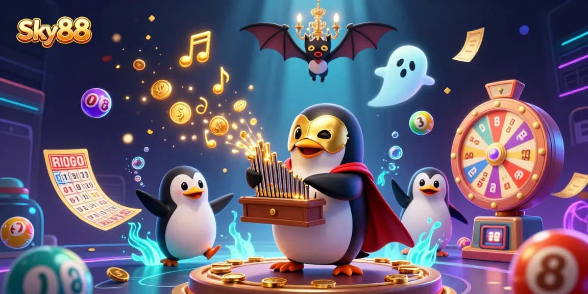 Engage with Sky88, where a penguin creates golden excitement playing the organ amidst vibrant gambling elements.