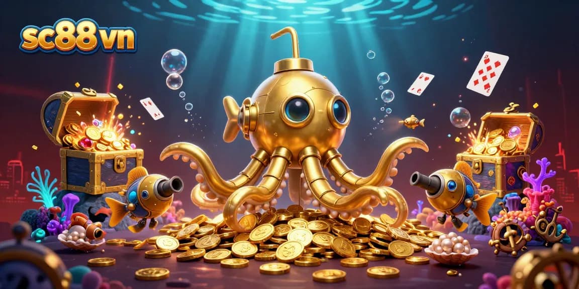 Win big with SC88 vn, featuring a golden kraken submarine and mechanical fish in a vibrant casino-themed underwater scene.