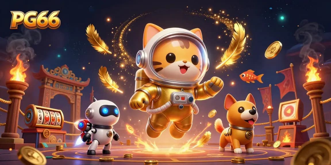 Engage in thrilling gaming at PG66 with a whimsical space scene featuring vibrant casino elements.
