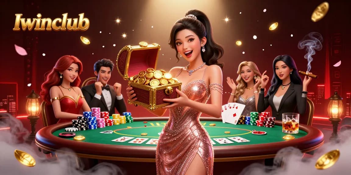 Iwinclub showcases a glamorous Asian woman celebrating a poker win beside treasure-filled elements and vibrant casino details.