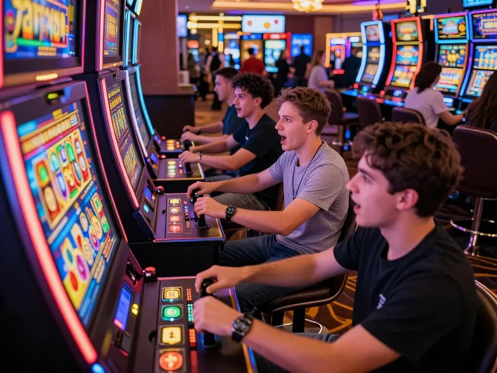 Players enjoying the excitement of tr88 nổ hũ at a colorful slot machine area in a lively casino.