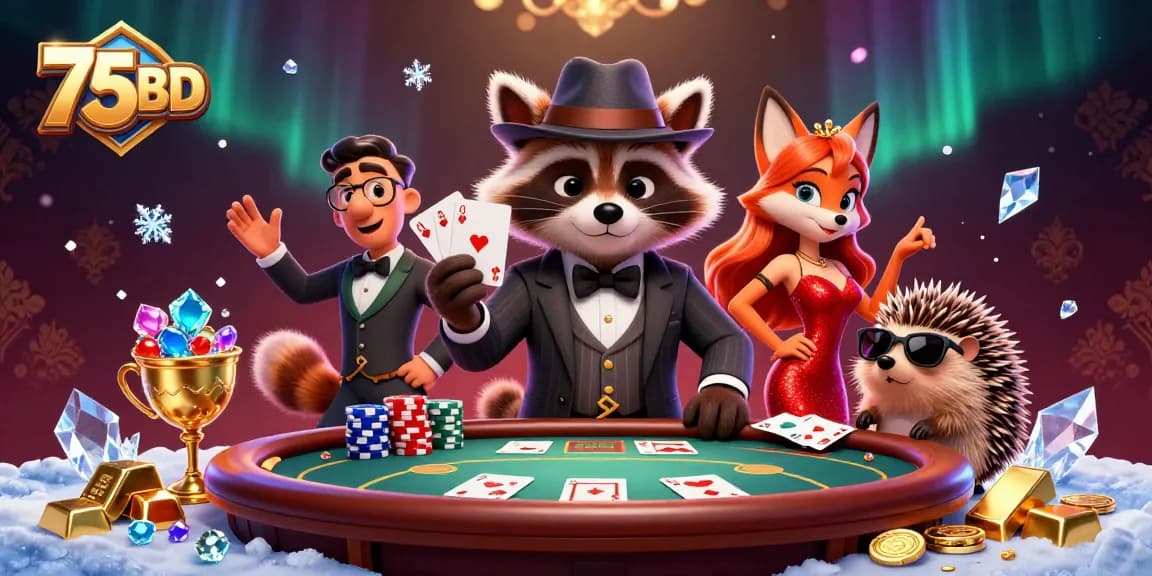 Engage with the sophisticated 75BD casino scene featuring a royal flush hand and lively characters.