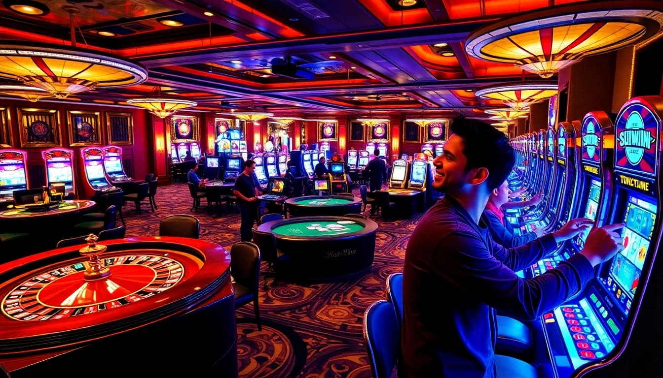Experience excitement at sunwin casino with players engaging in card games and slot machines.