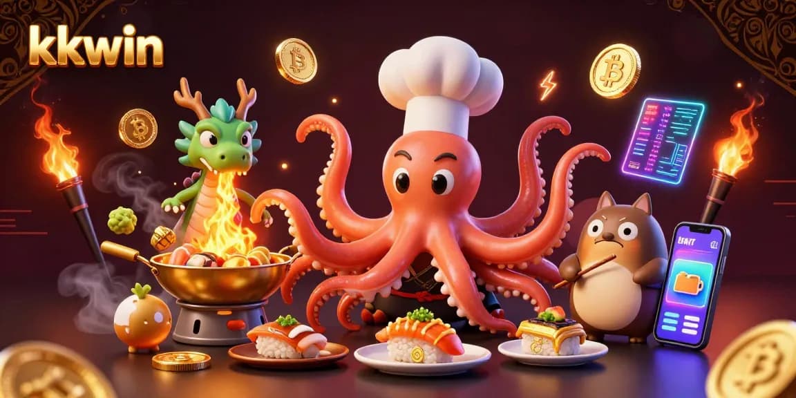 Play exciting games with kkwin amid vibrant cartoon characters and glowing crypto elements.