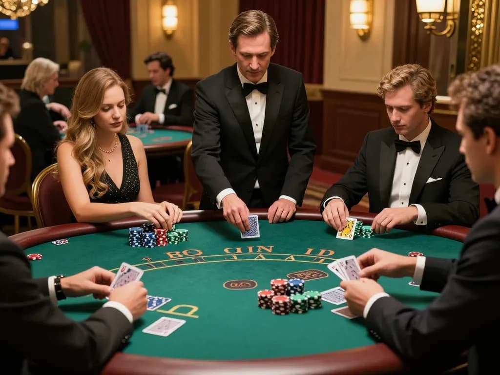 Players at 75W casino engage in an exciting blackjack game with chips and cards.