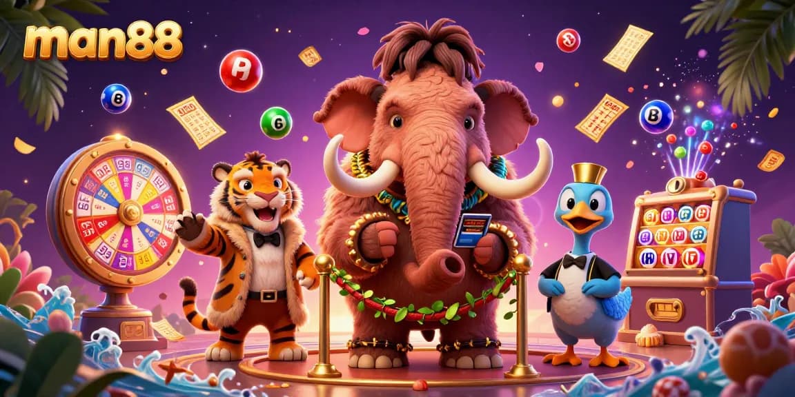 Experience excitement at man88 with vibrant lottery balls and 3D casino characters.