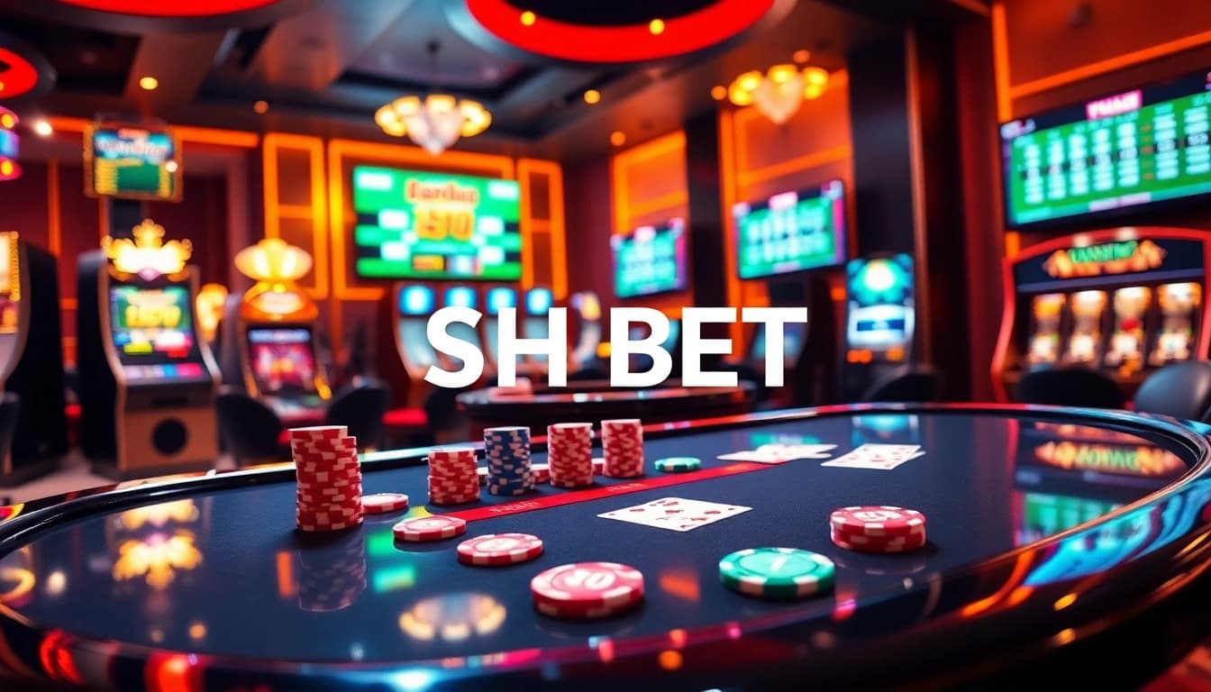 Experience the thrill of SH BET at an upscale casino featuring vibrant gaming tables and slot machines.