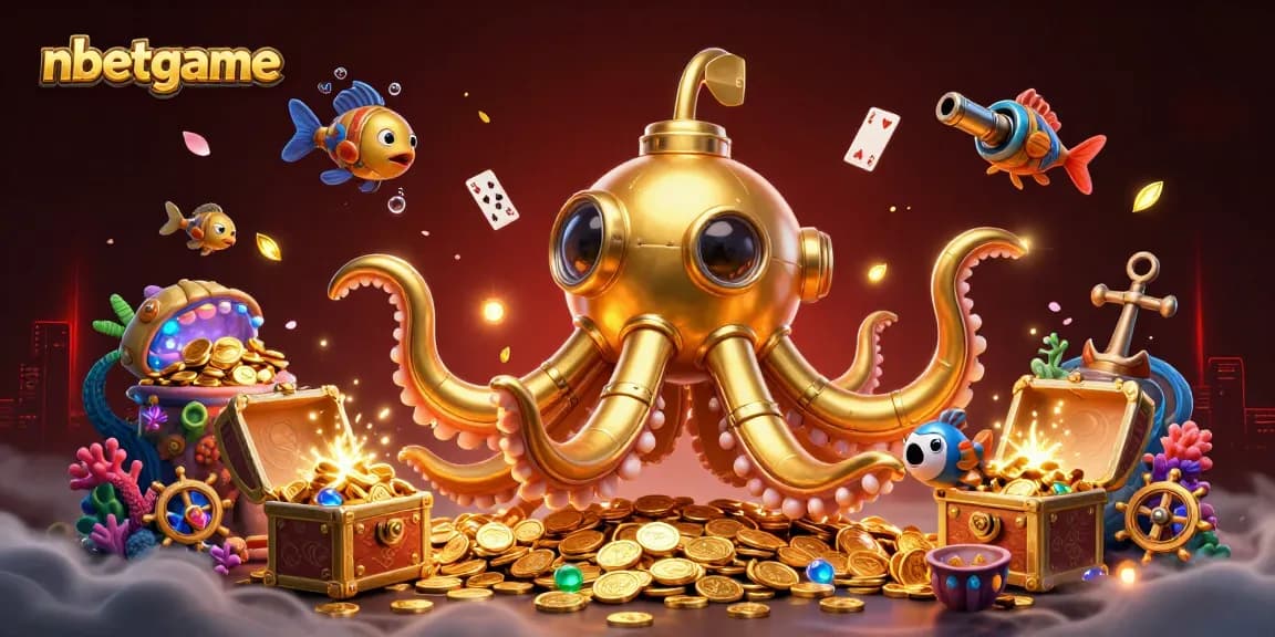nbetgame invites players to win with a vibrant 3D illustration of a golden kraken submarine amidst treasure and magical elements