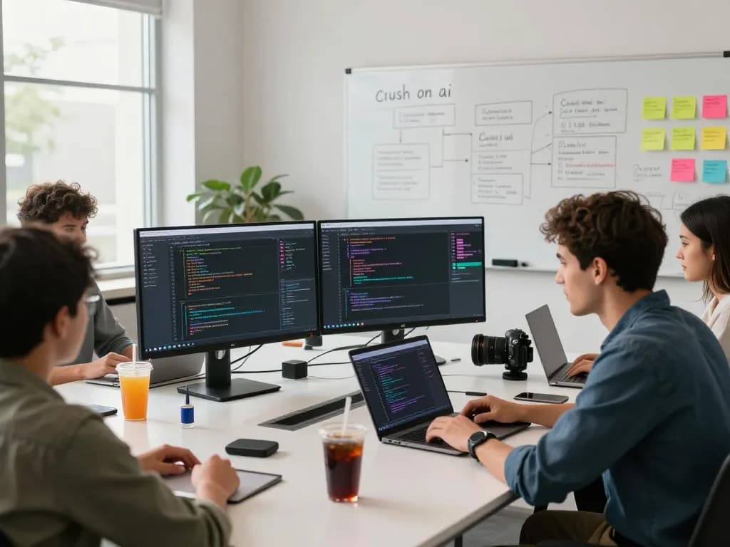 Developers collaborating on crush on ai project in a modern workspace.