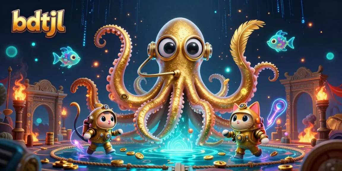 Engage with bdtjl's thrilling gaming adventure, highlighted by a colossal kraken and dynamic casino elements.