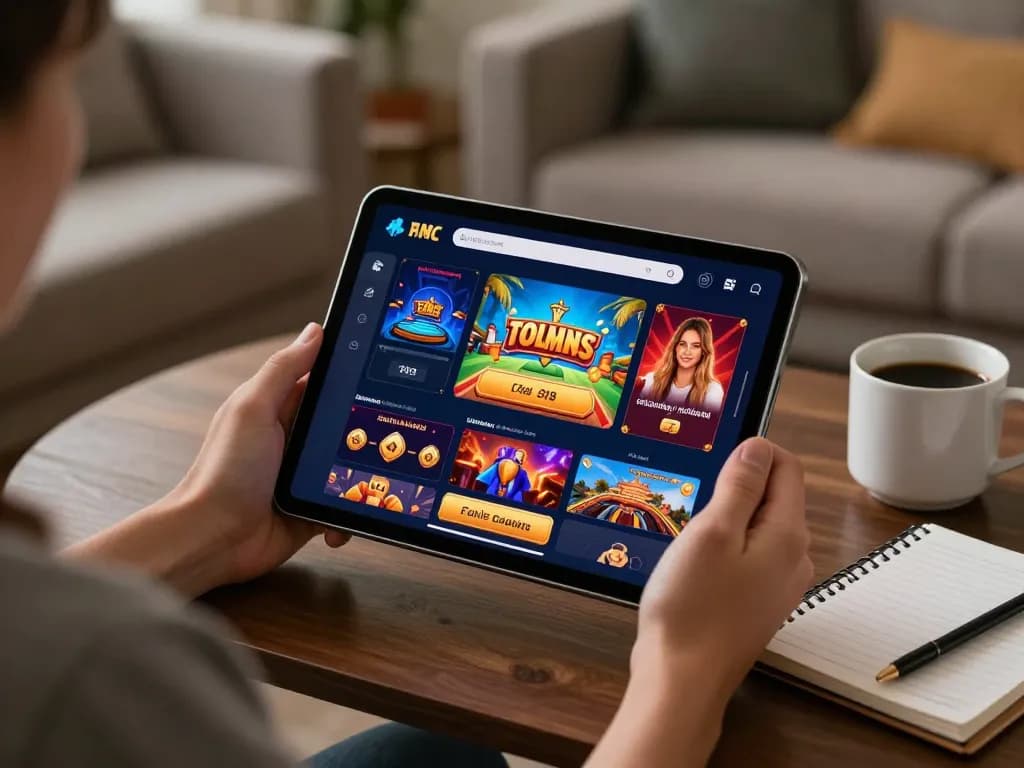 phdream user engages with online casino interface on tablet in cozy home setting
