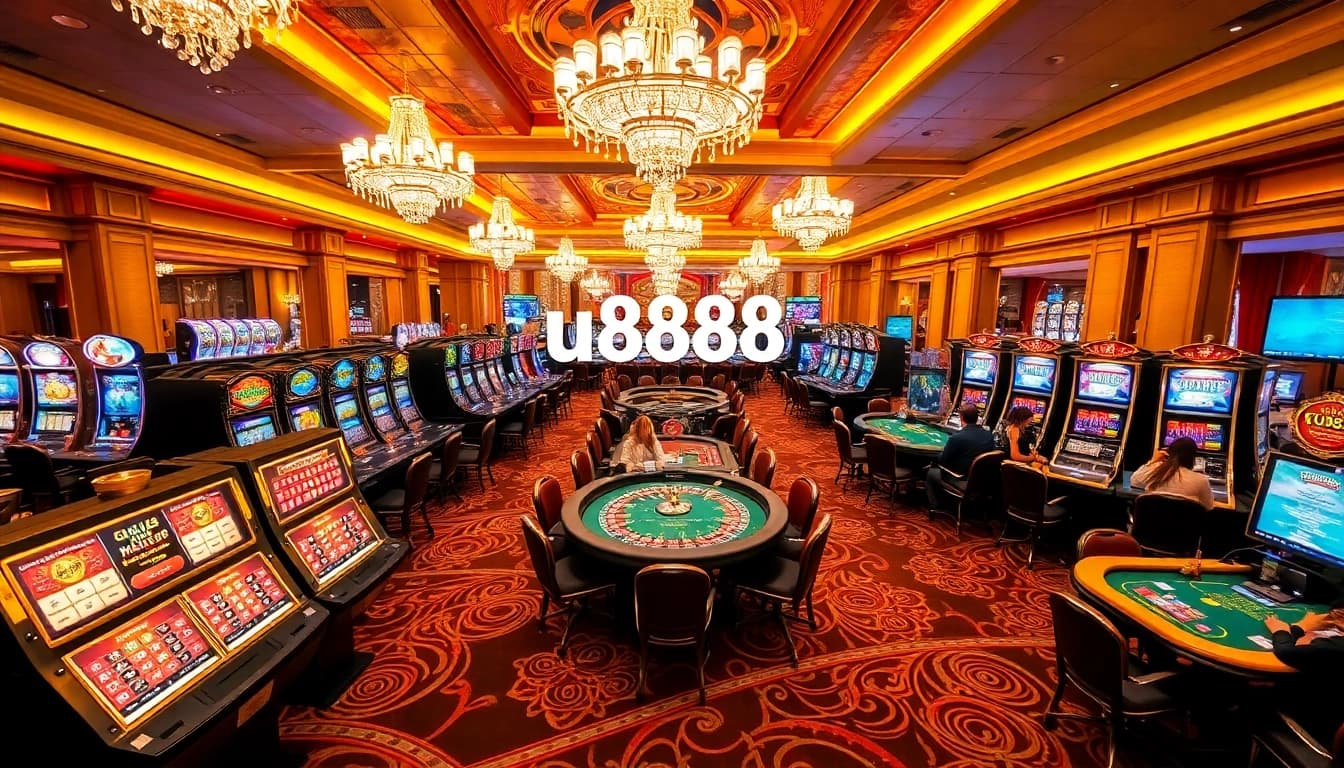 Engaging players at a bustling casino showcasing u8888 with vibrant tables and slot machines.