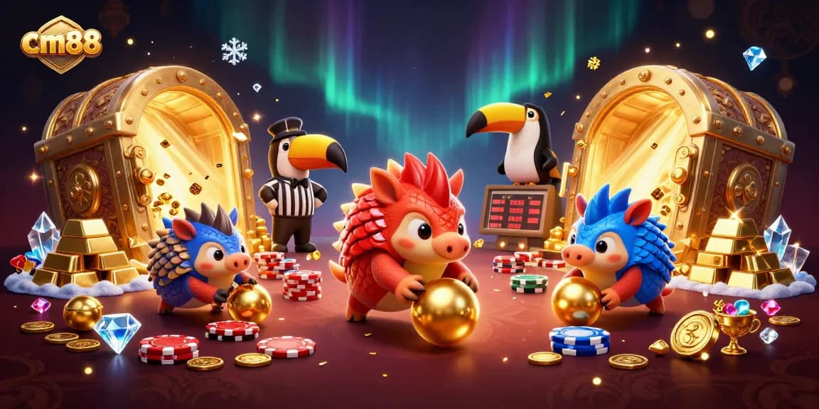 Experience cm88's thrilling gaming scene with vibrant pangolins bowling through poker chips and treasure.