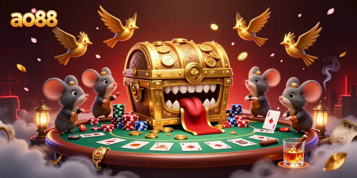 Ao88 invites adventurers with its golden treasure chest mimic and poker elements, showcasing wealth.