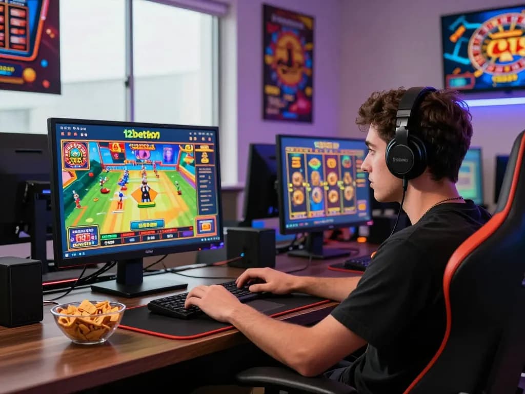 Player enjoying games on the 12bet brasil platform in a vibrant gaming room, showcasing excitement and engagement.