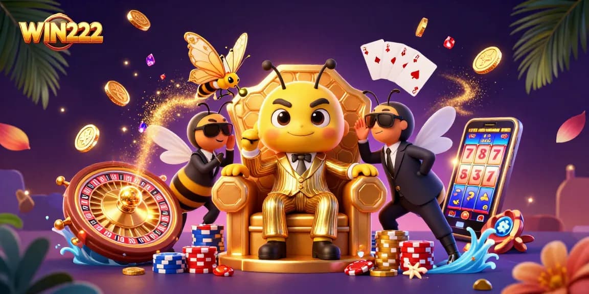 Experience the thrill of WIN222 with a vibrant casino illustration showcasing a lively gaming scene.