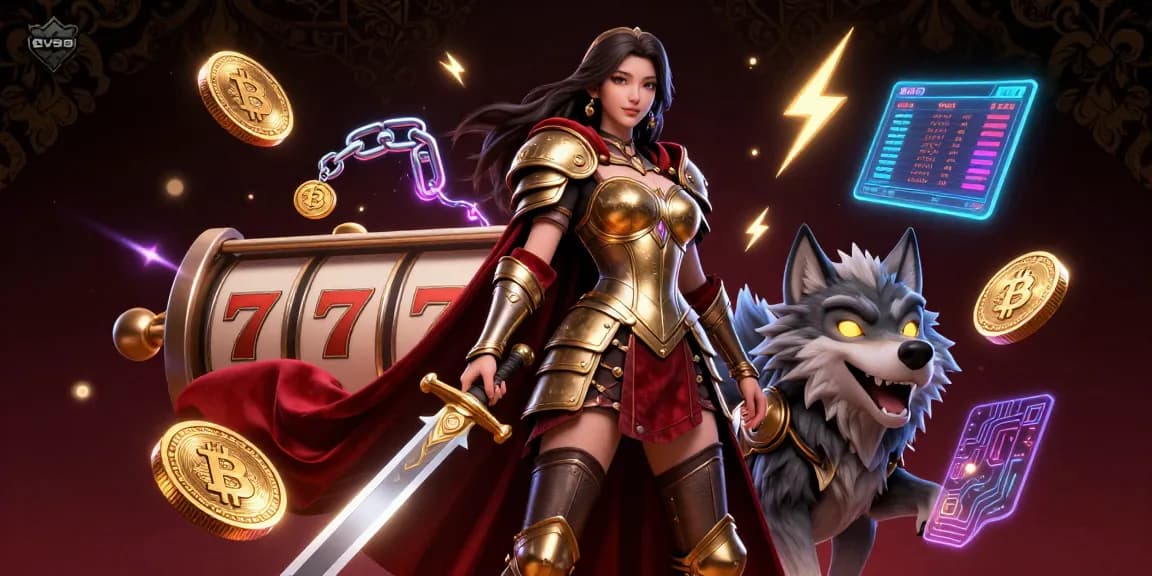 Winning strategies at ev99 with a warrior queen and glowing wolf in a vibrant casino atmosphere.