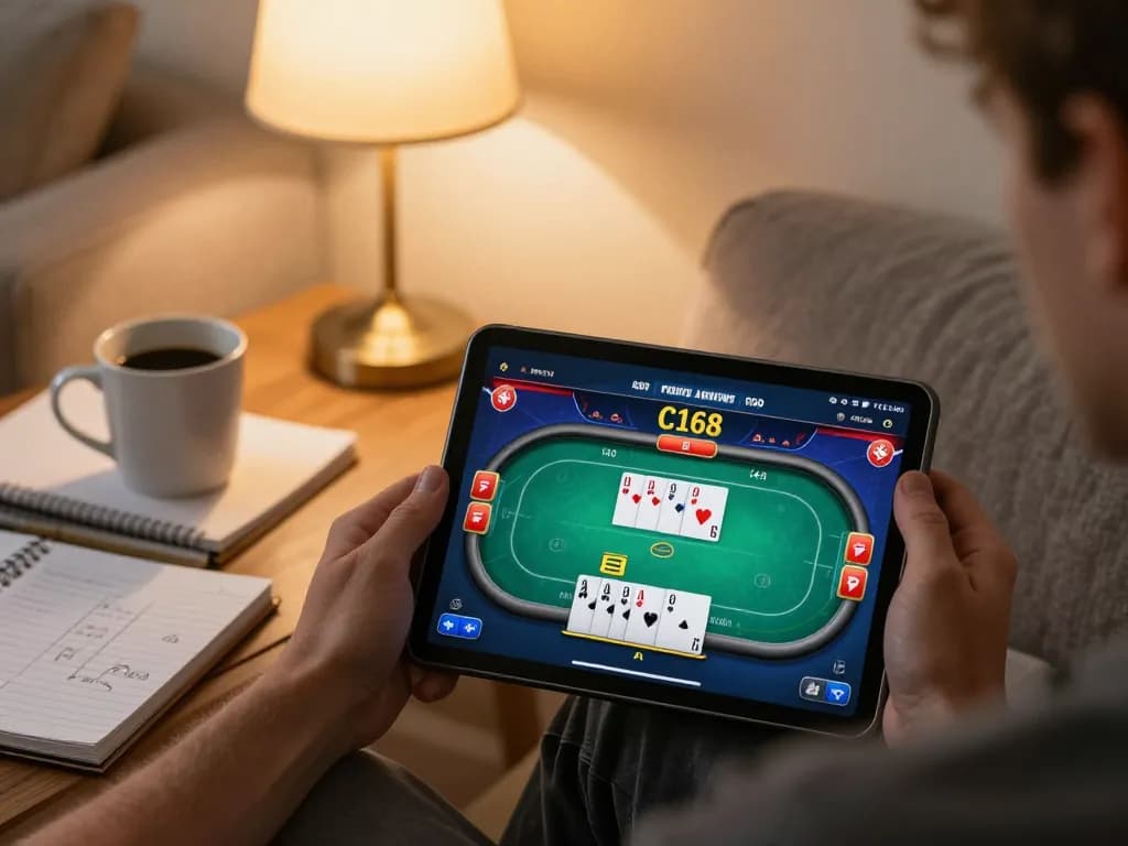 C168 poker gameplay on tablet in cozy home setting, emphasizing strategic engagement.