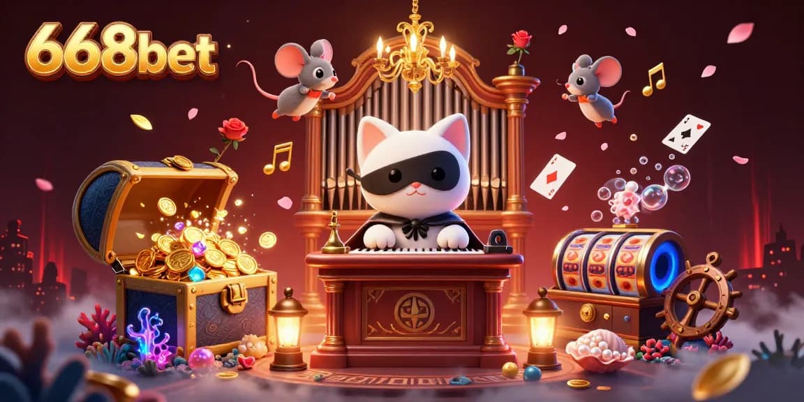 Experience excitement with 668bet as the phantom cat plays at the casino, surrounded by colorful gaming elements.