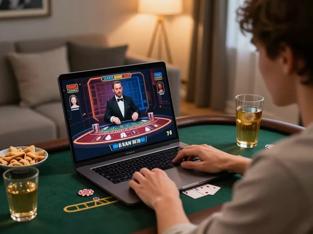 Um jogador participa de blackjack na AQ777 online, exibindo uma jogabilidade emocionante e uma atmosfera confortável em casa.