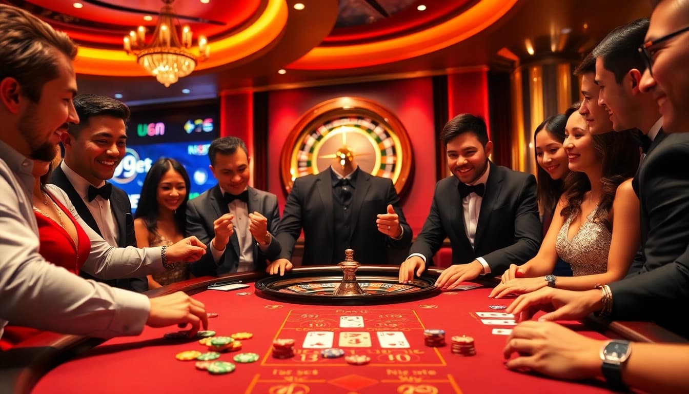 I9 BET players enjoying a thrilling round at a luxurious casino table with vibrant poker chips.