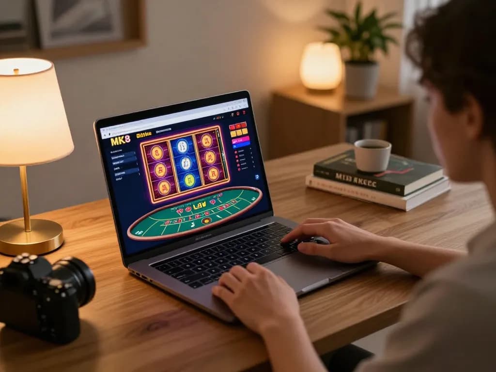 Engaging online gaming at MK8 with vibrant slots and a cozy home setup.