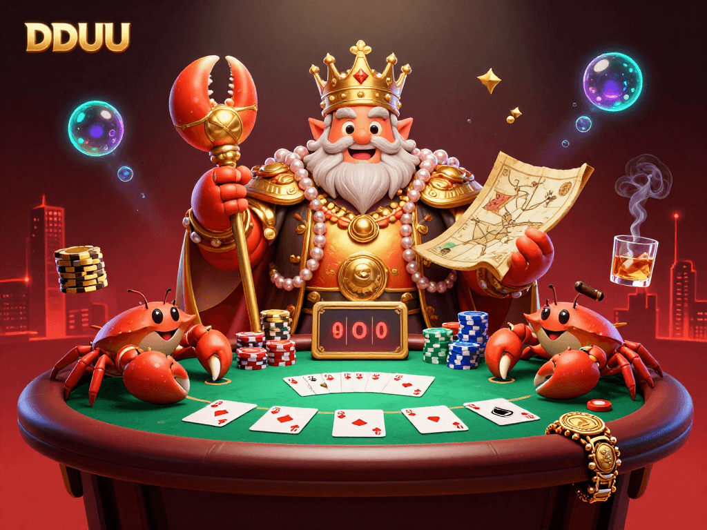 Enjoy a vibrant DDUU casino illustration with a golden crab emperor and lively gambling elements.