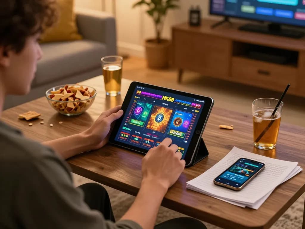 Engaging with NK88 top online casino games on tablet in a cozy home setting.