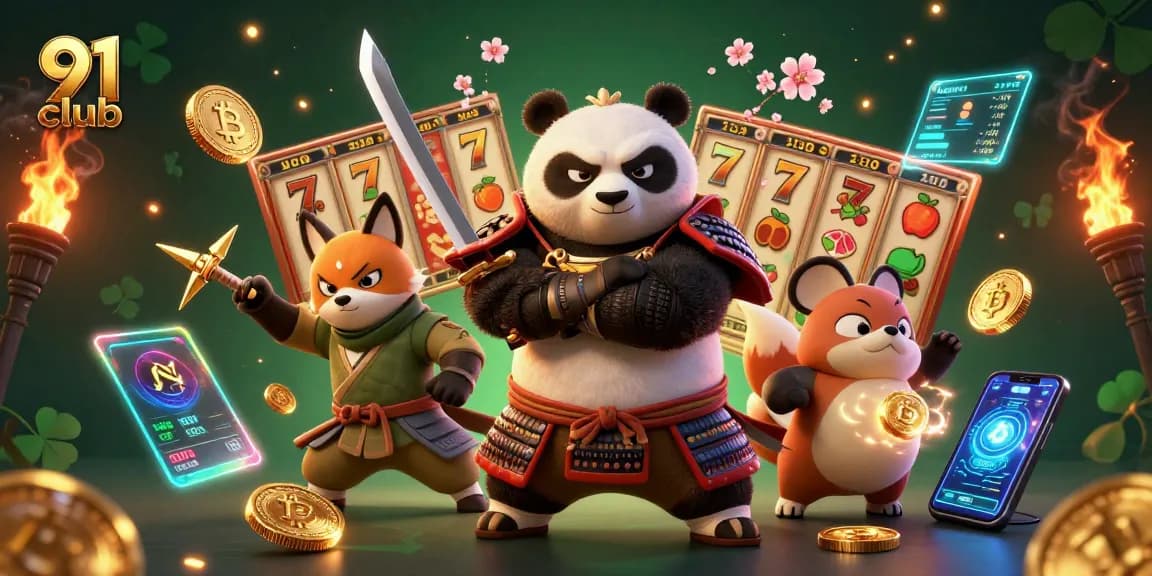 Experience the excitement of 91 club with dynamic slot reels and vibrant characters.