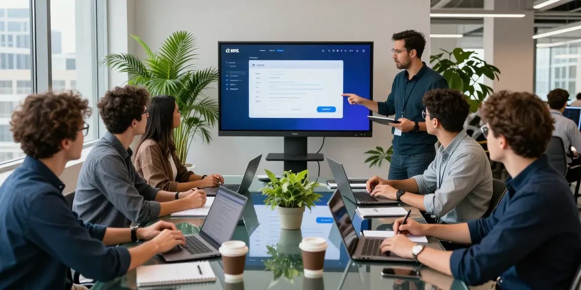Team collaborating on the Telegram Web Version in a modern office, showcasing innovation and productivity.