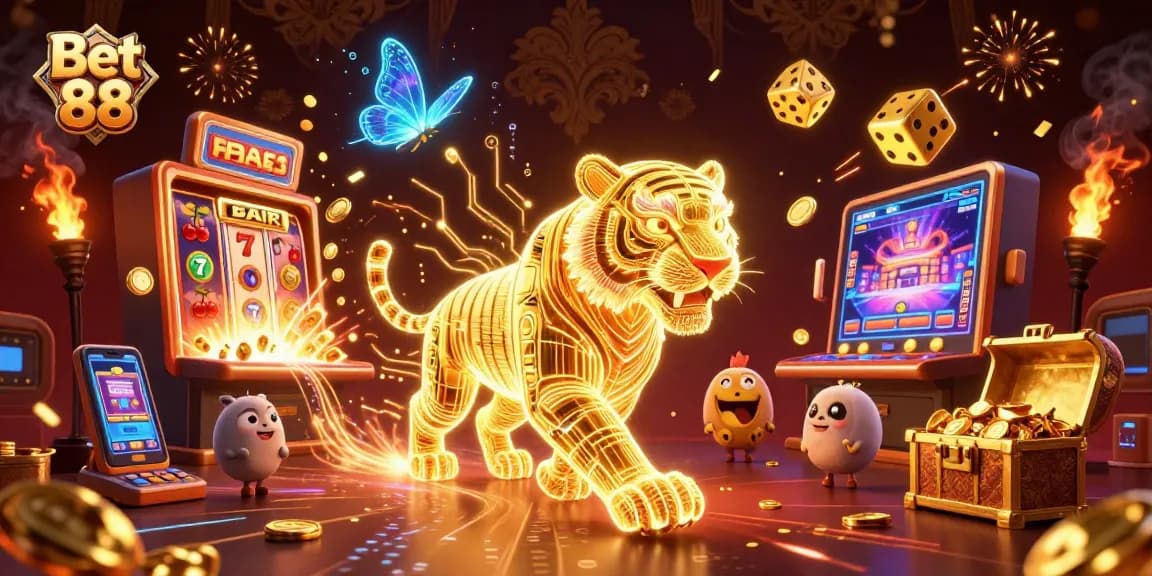 Experience Bet 88 with the vibrant energy of a digital casino featuring a golden tiger and slot machines.