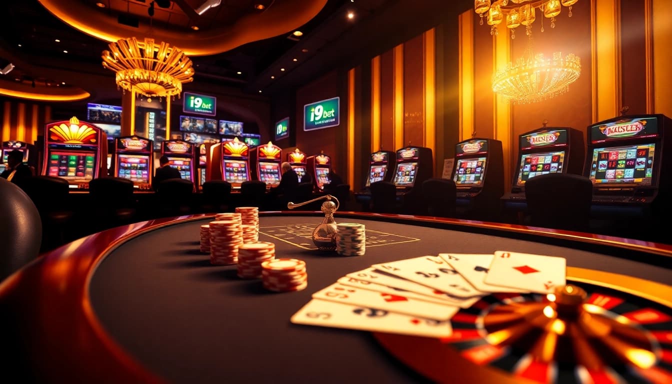 i9 bet players enjoying a vibrant poker table in a luxurious casino setting with high-stakes action.