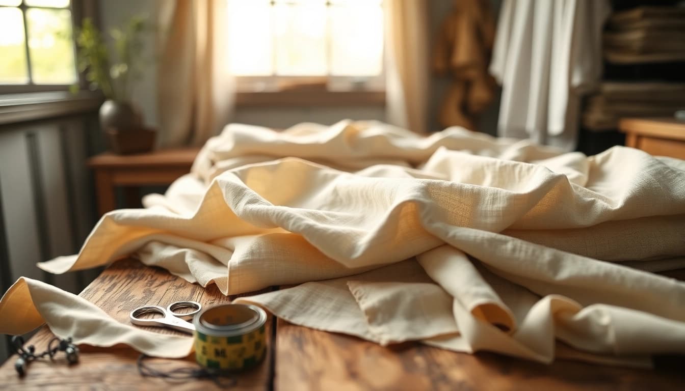 Linen clothing manufacturer showcasing elegant fabric designs and sewing supplies.