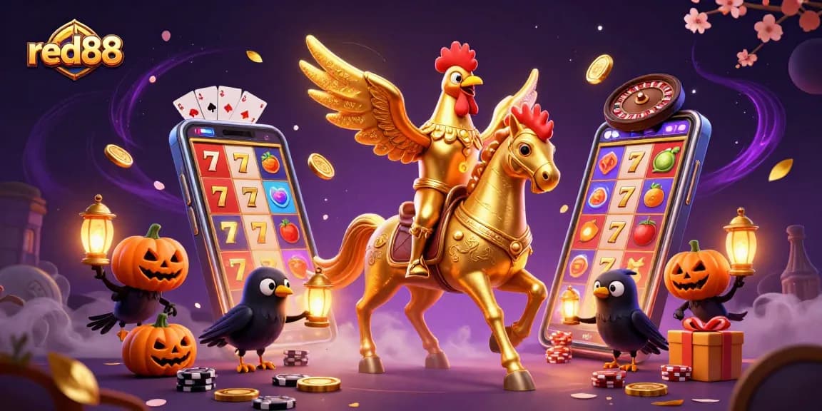 Spinning slot reels and winning cards in the vibrant red88 casino scene with golden rooster and lanterns