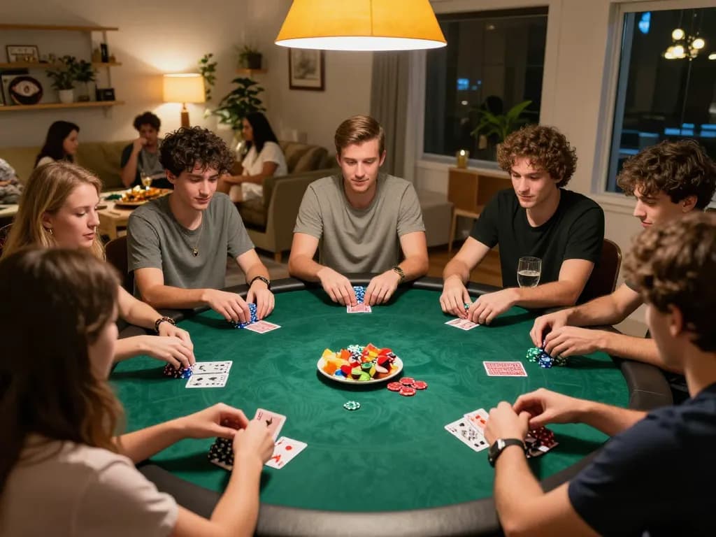 Engaged players participating in a friendly poker game at home, showcasing the excitement of online gambling at https://tr88.bio/.