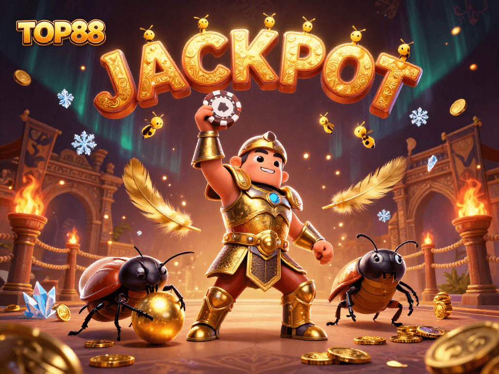 TOP88's hercules beetle triumphs in a golden arena with jackpot celebrations.