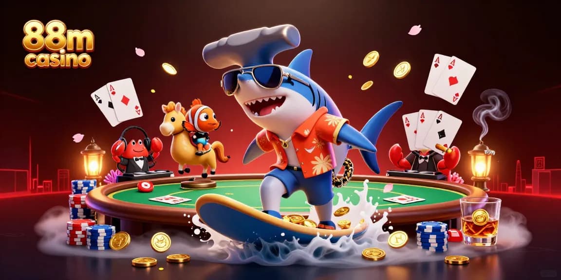 Engage with 88m casino's vibrant gaming world, featuring a shark, clownfish, and crab amidst poker elements.