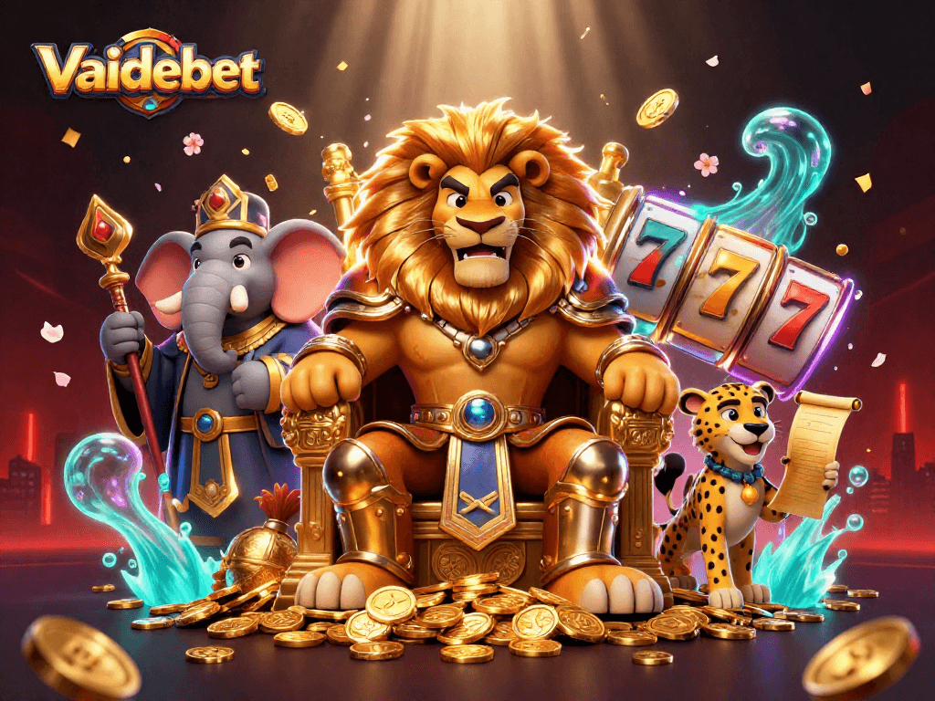 Experience winning at Vaidebet with a majestic lion king surrounded by dynamic casino elements.