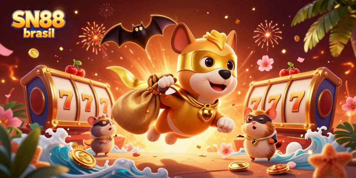 Experience thrilling gameplay at SN88 brasil with vibrant casino elements, featuring a superhero dog and hamster.