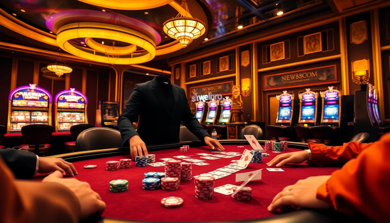 Engaging casino atmosphere featuring NEW88COM poker game with professional players at a luxurious table.