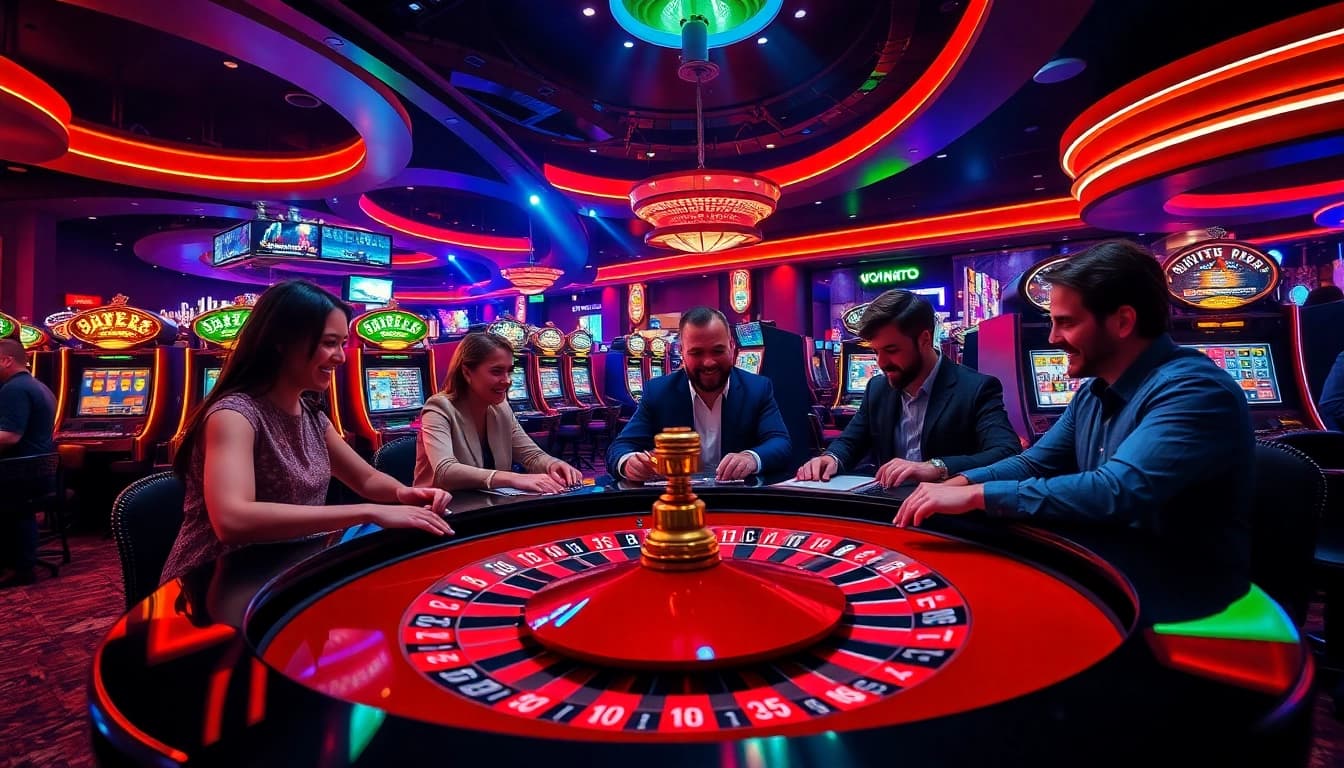 Joueurs heureux autour d'un site casino en ligne vibrant, mis en valeur par des lumières néon.